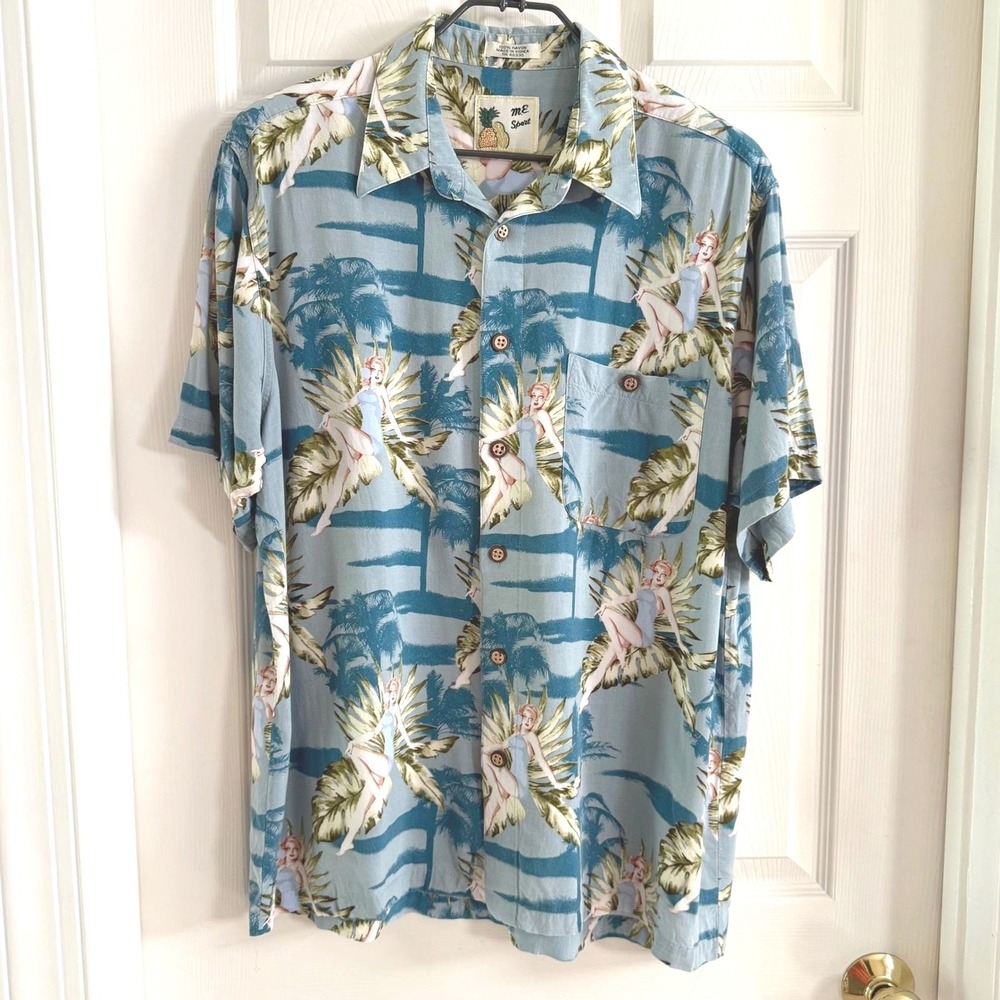Vintage ME Sport Mens Pinup Girl Hawaiian Shirt Blue Rayon Tropical Palm Tree Lg